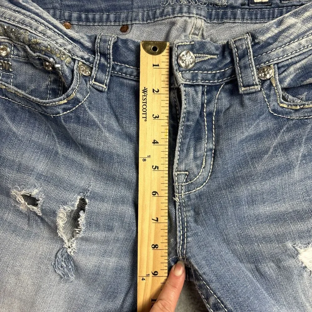 Miss Me Womens Jeans Mid Rise Easy Bootcut Embroidered Pocket Sz. 28 Distressed